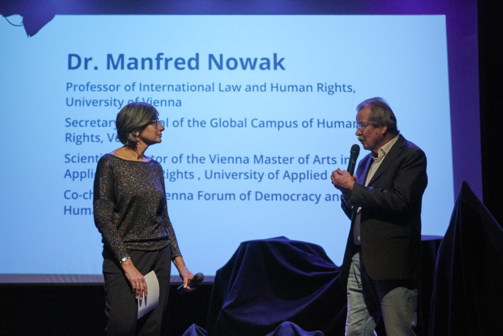 Human Rights expert Prof. Manfred Nowak explaining why Human Rights are fundamentally linked to the awardees.